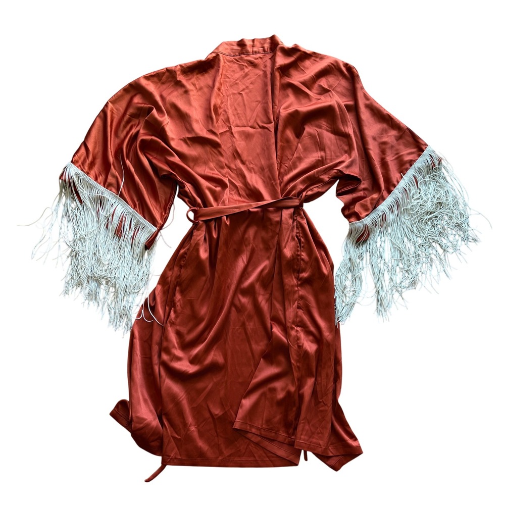 Satin Fringe Kimono Robe Womens M Burnt Orange Rust Tassel Festival Boho Glam